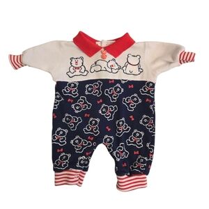 Vintage Y2k Doe Spun One Piece with Bear Print Red White and Blue